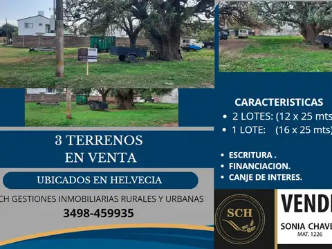 VENTA 3 LOTES HELVECIA  USD11.000 C/U