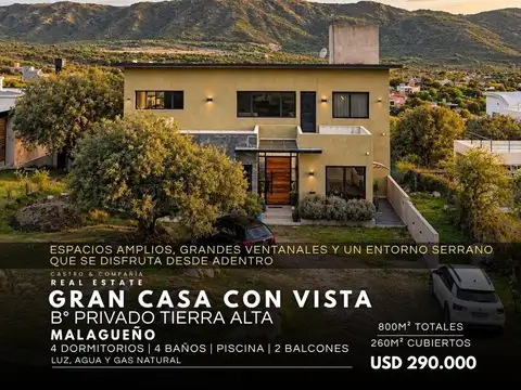 Casa En Venta 4 Dormitorios Y Pileta Con Vista A Las Sierras en Barrio Privado Tierra Alta Malagueño