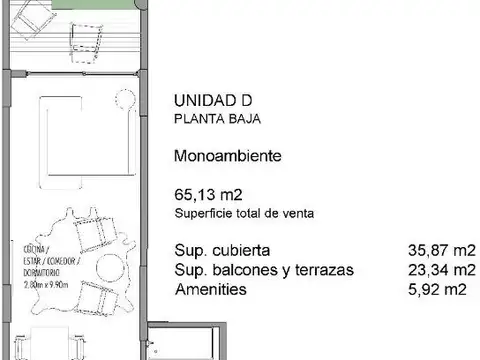 Departamento Monoambiente con 1 baño