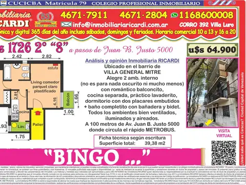 "BINGO..." Alegre 2 amb. lateral bien luminoso