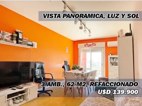 3 amb. 62 m2, Vista panor. Luz y sol, Palermo/Colegiales
