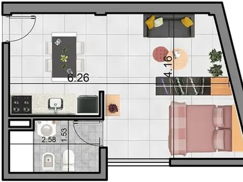 Departamento Monoambiente con 1 baño