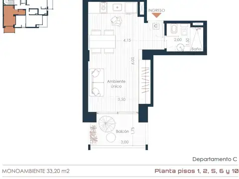 Departamento Monoambiente con 1 baño