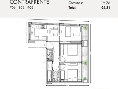 Departamento 3 ambientes con 2 baños