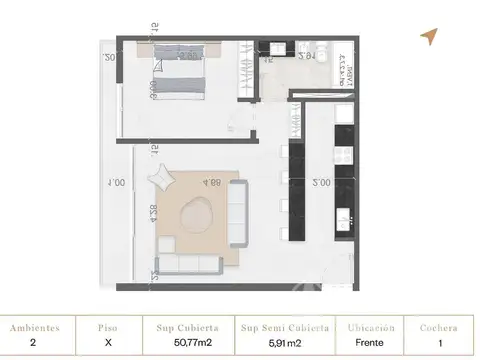 Departamento 2 ambientes con 1 baño