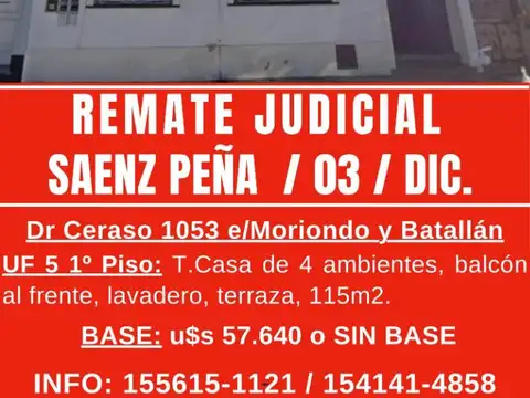 EN REMATE JUDICIAL T.CASA 4 AMB, BALCO, TERRAZA - SAENZ PEÑA