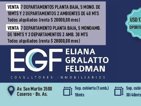 VENTA 07 DEP PLANTA BAJA 05 MONO DE 18MTS Y 2DEP 2 AMB 40 MTS TODOS ALQUILADOS RENTA $ 28000,00 MES
