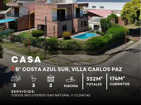 VENTA CASA ESQUINA DE 3 DOR C/PILETA EN BARRIO COSTA AZUL SUR, VILLA CARLOS PAZ