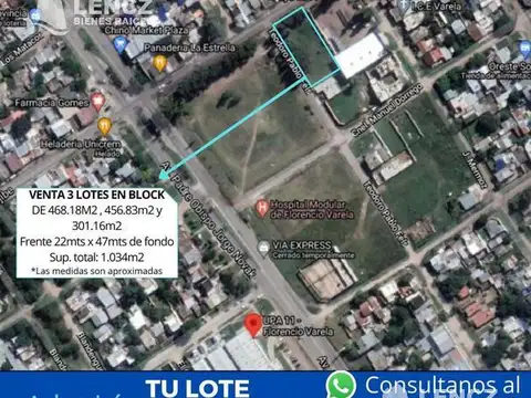 OPORTUNIDAD! 3 LOTES FCIO.VARELA 1.034m2