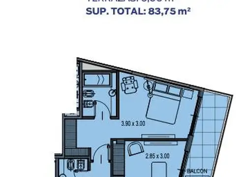 Departamento 3 ambientes con 2 baños