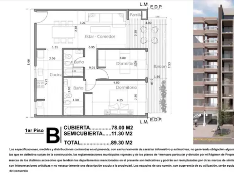 Semipiso 3 ambientes con balcon terraza y parrilla - Murguiondo 1500