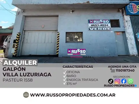 Alquiler galpón 375 m Villa Luzuriaga