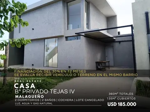 Venta Casa De 2 Dormitorios con Lote Cancelado y Financiación en Barrio Privado Tejas 4 - Malagueño
