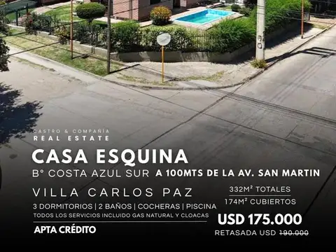 Venta Casa Esquina De 3 Dormitorios C/Pileta En Bº Costa Azul Sur, Villa Carlos Paz
