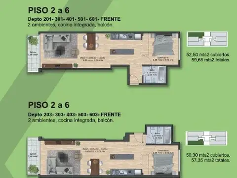 Departamento 2 ambientes con 1 baño