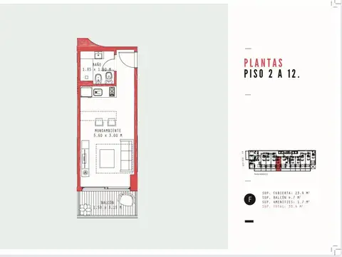 Departamento Monoambiente con 1 baño