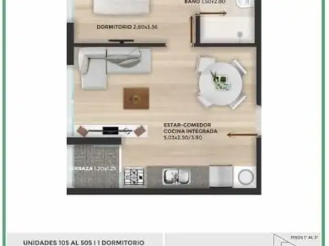 Departamento 2 ambientes con 1 baño