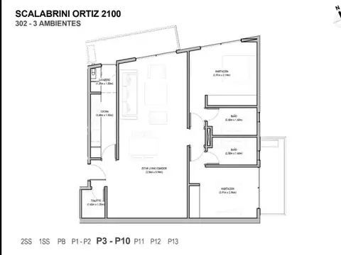 Departamento 3 ambientes con 2 baños