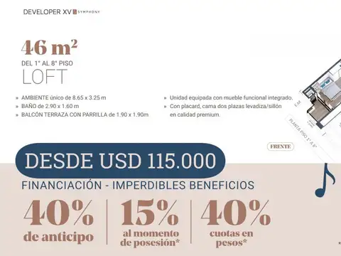 Developer XV Symphony 2 ambientes premium con amenities. Opc. Cochera y Baulera en Güemes