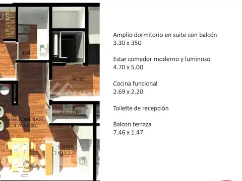 Departamento 2 ambientes con 1 baño
