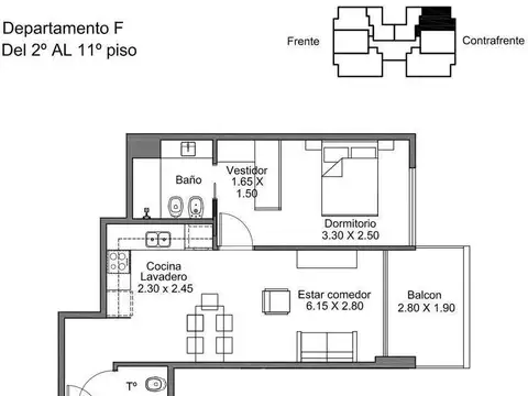 Departamento 2 ambientes con 1 baño
