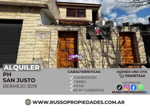 Alquiler PH planta baja 3 ambientes San Justo