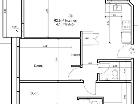 Departamento 3 ambientes con 1 baño