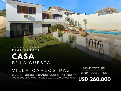 Venta Gran Casa 3 Dormitorios, Jardin Trasero/Delantero Y Pileta En B° La Cuesta - Villa Carlos Paz