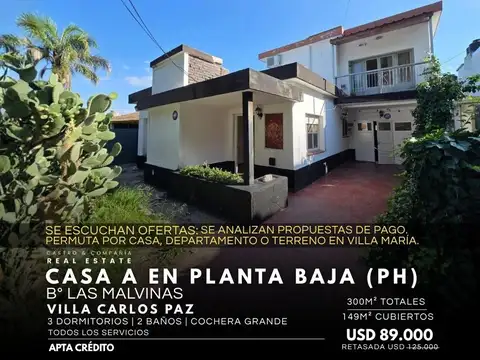 Venta Casa de 3 Dormitorios en PH A 5 Cuadras del Centro en Barrio Malvinas, Villa Carlos Paz