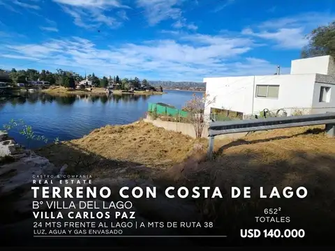 LOTE CON COSTA DE LAGO DE 652M² A MTS DE LA RUTA 38, VILLA DEL LAGO, VILLA CARLOS PAZ