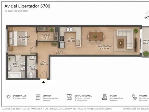 Departamento 2 ambientes con 2 baños