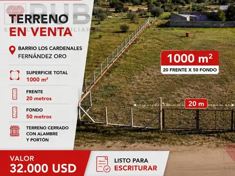 VENTA DE TERRENO LOTEO LOS CARDENALES FERNANDEZ ORO, RIO NEGRO.