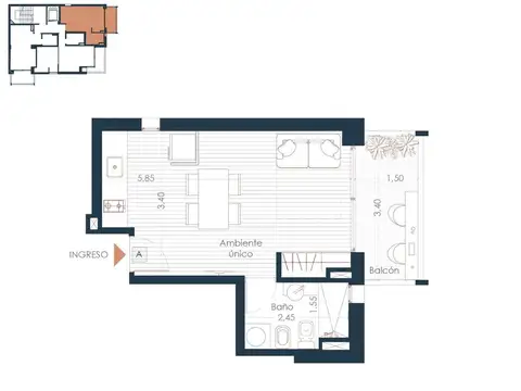 Departamento Monoambiente con 1 baño