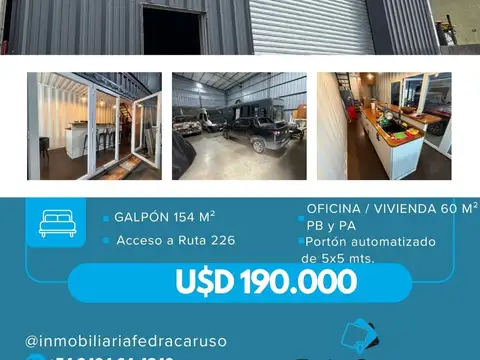 Galpón en venta con oficinas y vivienda – Primera Junta y Ruta 226