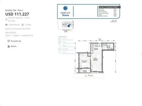 Departamento en Venta de 1 dormitorio