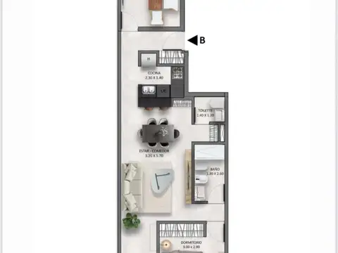 Departamento 2 ambientes con 2 baños