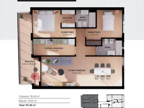 Departamento 3 ambientes con 2 baños