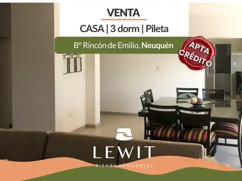 Venta casa | 3 dormitorios | Apta crédito | Parrilla | Horno | Pileta | Rincón de Emilio