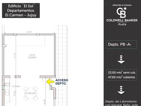 Departamento 2 ambientes con 1 baño