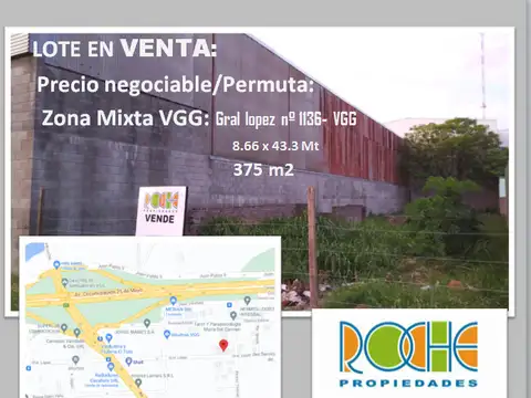 VENTA/PERMUTA: Lote ZONA MIXTA: Gral Lopez 1136 VGG 8.66x43.30 mt.(375m2)
