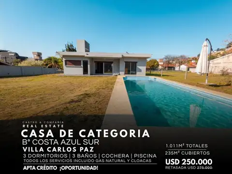 Casa 3 Dormitorios Con Piscina 1000M² Parque, Todos Los Servicios. Costa Azul Sur, Villa Carlos Paz