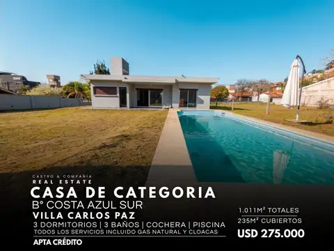 Casa 3 Dormitorios Con Piscina 1000M² Parque, Todos Los Servicios. Costa Azul Sur, Villa Carlos Paz