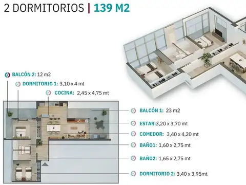 Departamento 3 ambientes con 2 baños