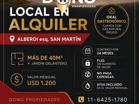 LOCAL A ESTRENAR EN ESQUINA COMERCIAL EN ALQUILER ! Ideal GASTRONOMICO. GAS NATURAL.
