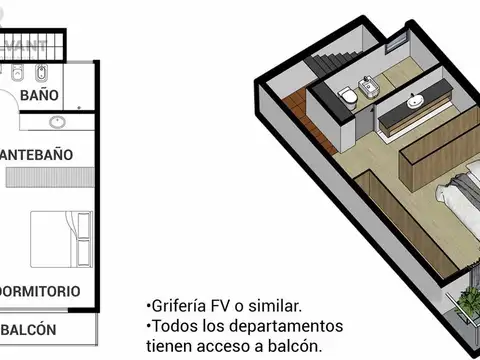 Departamento Monoambiente con 1 baño